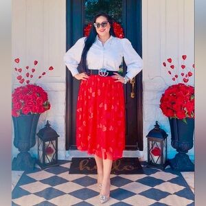 Red Heart Patterned Skirt with White Blouse
